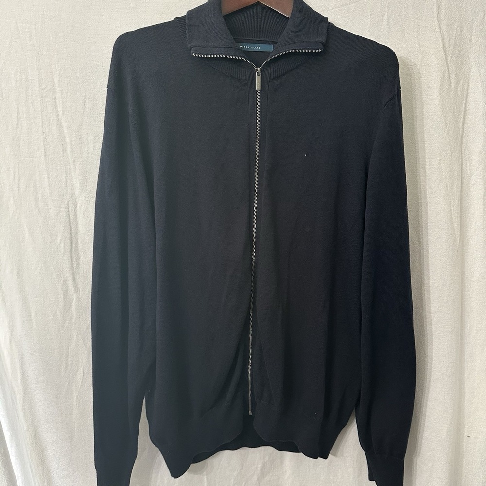Perry Ellis Long Sleeve Full Zip Knit Jacket, Men's Size L - Solid Navy Blue